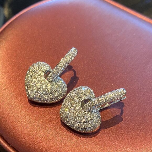 Silver elegant Women's Rhinestone Heart Drop Earrings Valentines - Picture 3 of 5